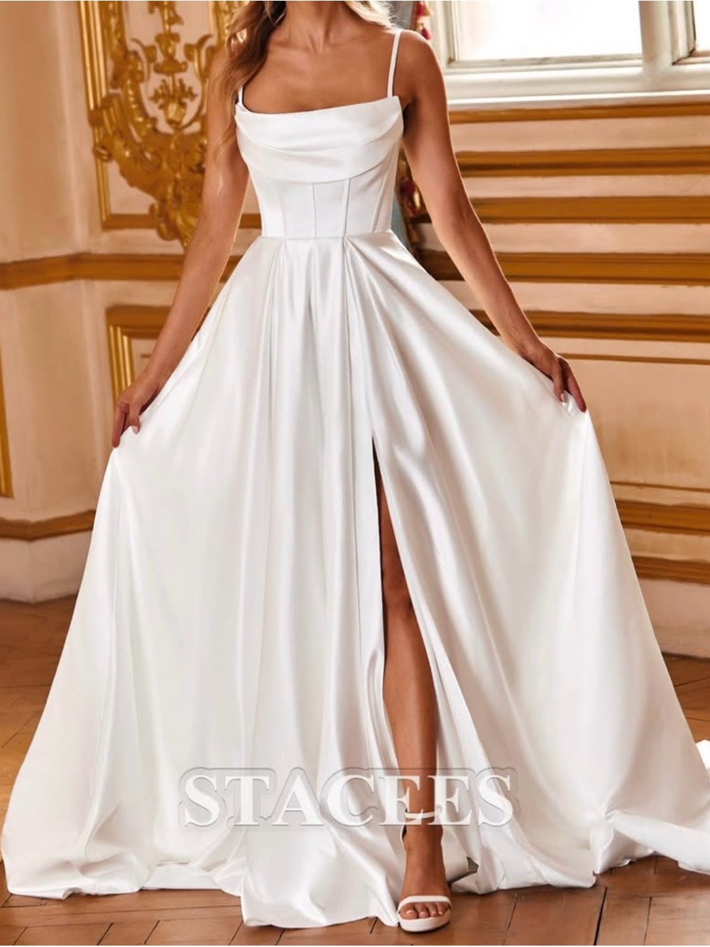 Stacees White Satin Spaghetti-Strap Wedding Gown with Front Slit